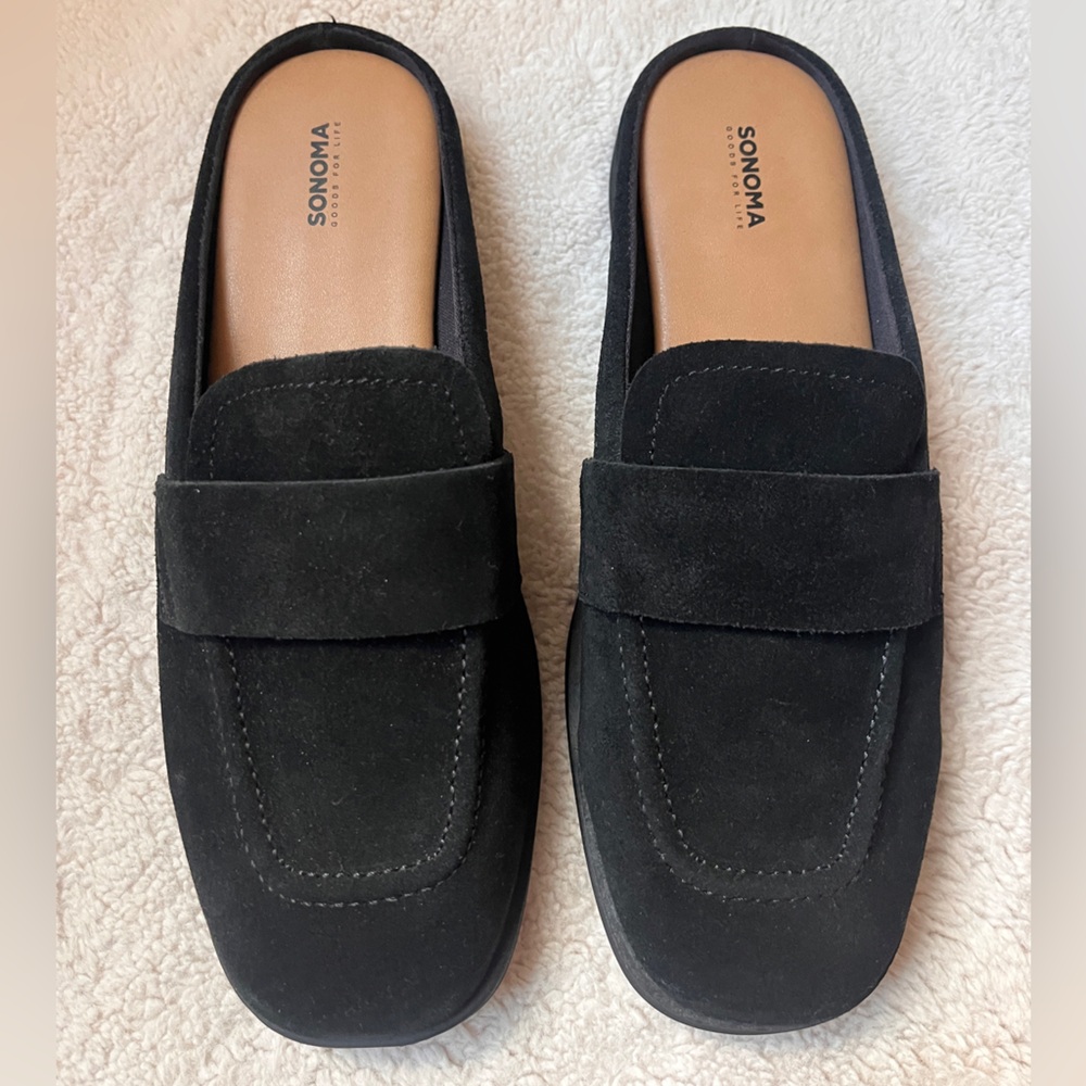 New Without Tags Sonoma Black Suede Slip-On Square Toe Mules Women Size 8